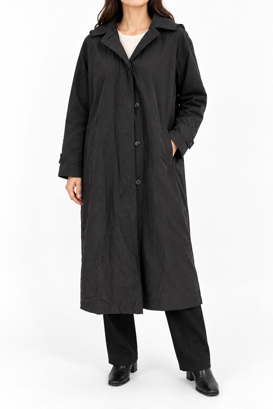 London Fog Women's Black Hooded Long All Weather Raincoat Nylon Blend Size 6